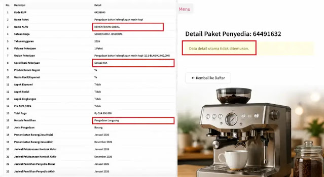 Kemensos Anggarkan Rp500 Juta untuk Service Mesin Kopi, Data Pengadaan Mendadak Hilang dari Portal Publik