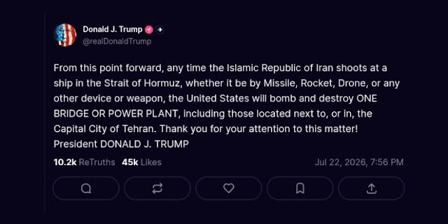 Trump Ancam Hancurkan Jembatan dan Pembangkit Listrik Iran Jika Serang Kapal di Selat Hormuz